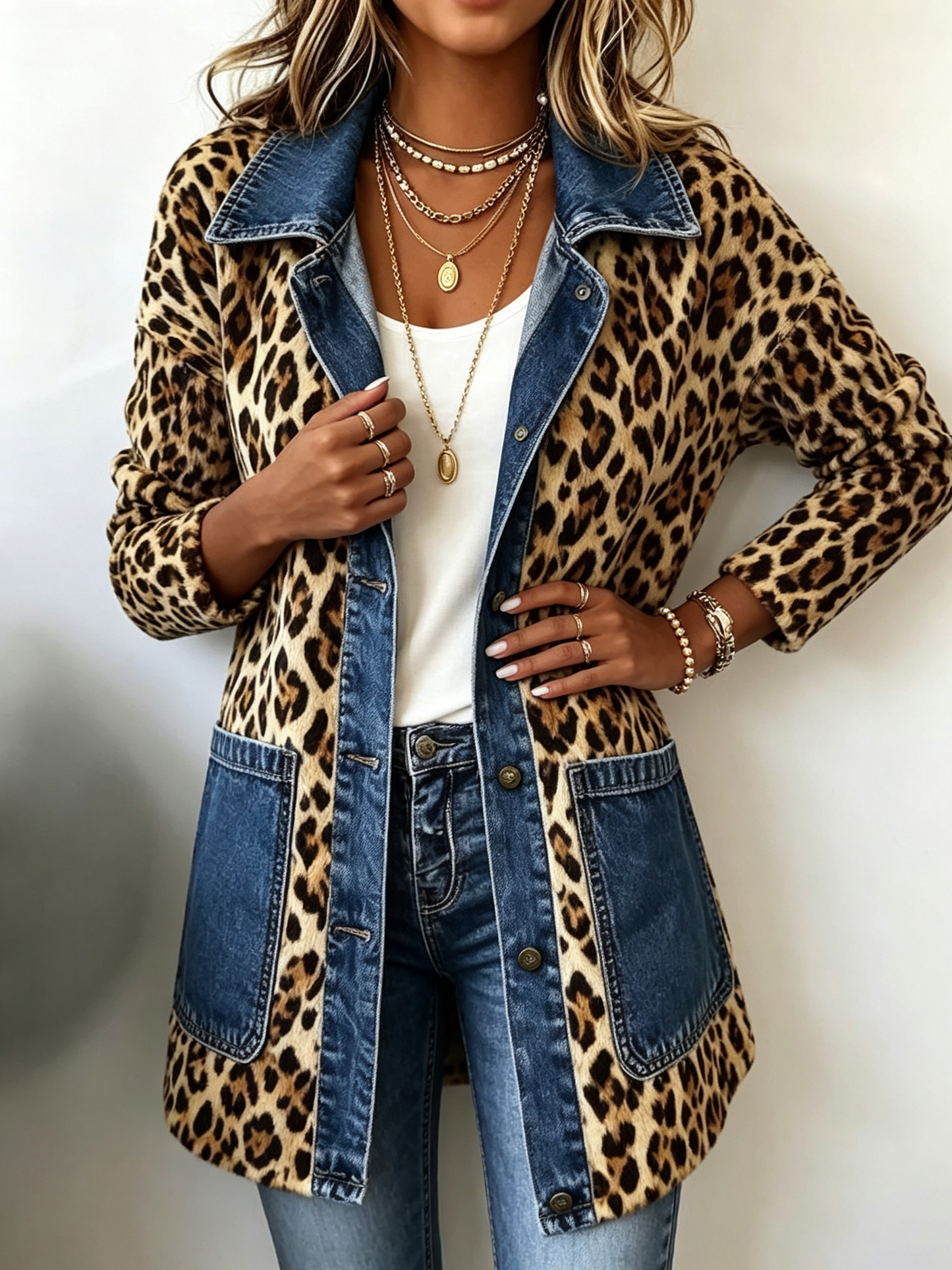 Maria™ | Giacca lunga a contrasto in denim con stampa leopardata