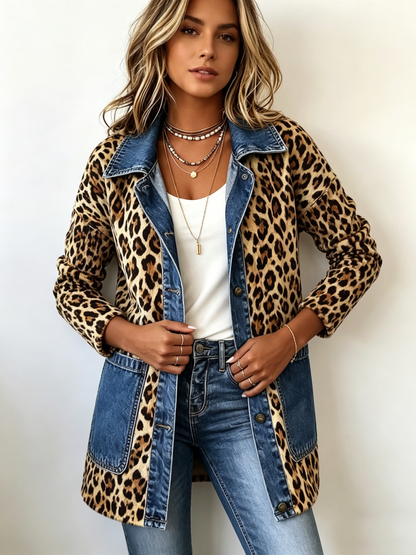Maria™ | Giacca lunga a contrasto in denim con stampa leopardata