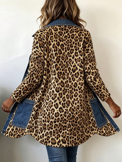 Maria™ | Giacca lunga a contrasto in denim con stampa leopardata